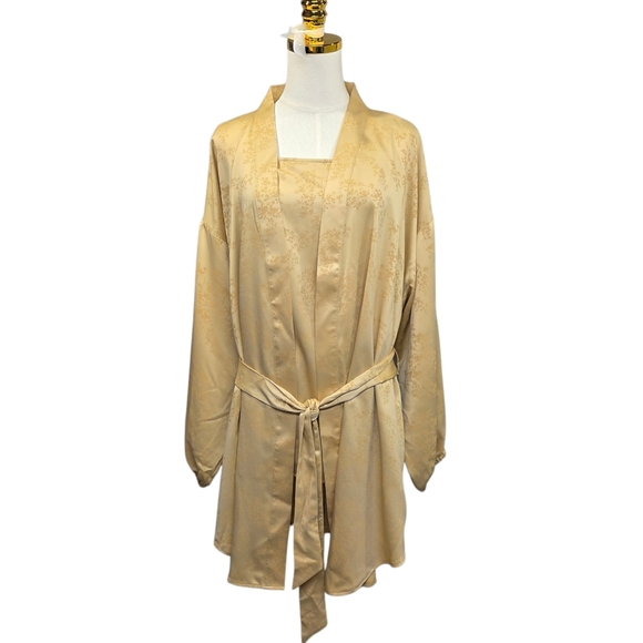 Gold Ann Taylor Large 3 pc Pajama/ Lounge Sateen Set. BEAUTIFUL! Pant Robe Cami - Picture 1 of 8